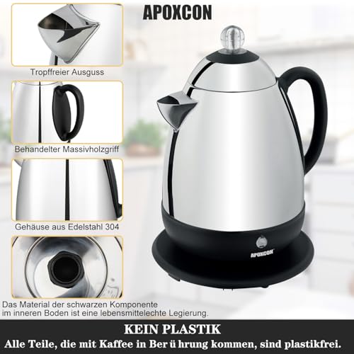 APOXCON Elektrische Kaffeemaschine Edelstahl -CE-Kennzeichnung, Mit Sicht-Knopf, tropffreier Ausguss, schnurlos (10 Tassen)