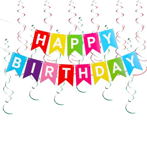CARBLIN Rainbow Happy Birthday Banner, Birth Decorations with Metallic Hanging Swirl, Sign for Backdrop Party Decor, Bunting Banner Supplies for Men Women Boys Girls