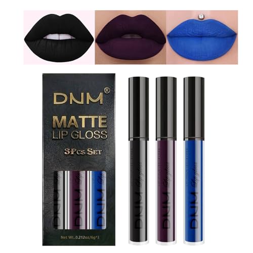 Desing Wish 3 Piezas Pintalabios Negro Permanente Labiales Mate Larga Duracion Labial Lip Tint Gloss Stain Brillo Tinta Barra de Labios Tinte Labios Black Lipstick Set Kit Maquillaje Mujer Regalo