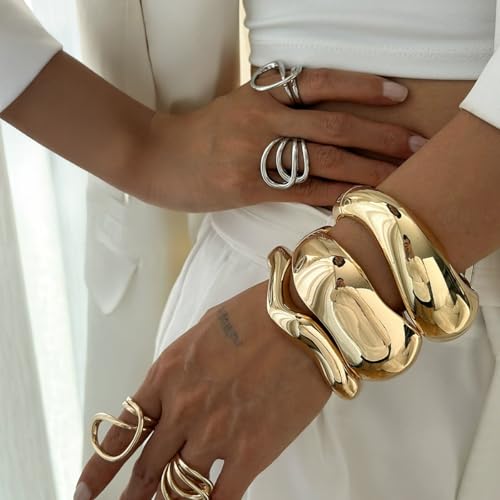 ALEXTINA Chunky Gold Bracelets Set for Women 18K Gold Plated High Shine Bracelets Minimalist Open Wide Cuff Bracelets Gold Cuff Bracelet Trendy Gold Bangle Bracelet2