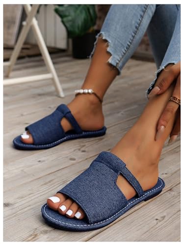 GORGLITTER Women's Denim Jean Flat Sandals Wide Width Rainbow Open Toe Dressy Slide Sandal4