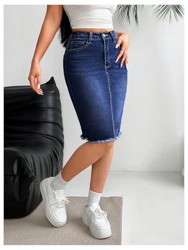 Floerns Women's High Waisted Raw Hem Pencil Denim Skirt Knee Length Jeans Skirts4