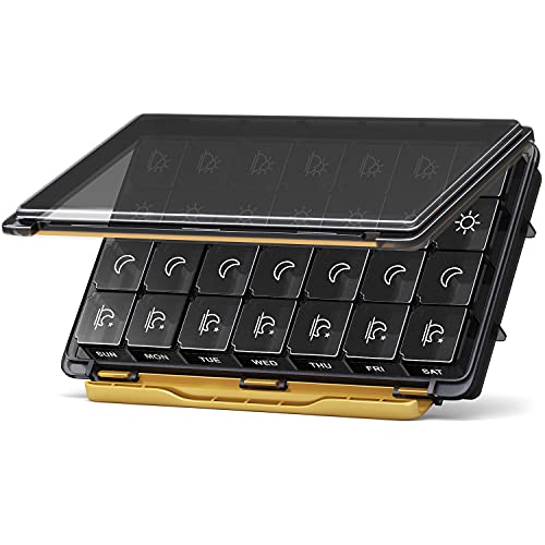 Large Weekly Pill Organizer 4 Times a Day, Pill Box 7 Day with Spilling-Proof Outer Pill Case Medicine Organizer and Durable Buckles to Keep Your Medicine, Vitamin, Medication, Supplements, Fish Oils
