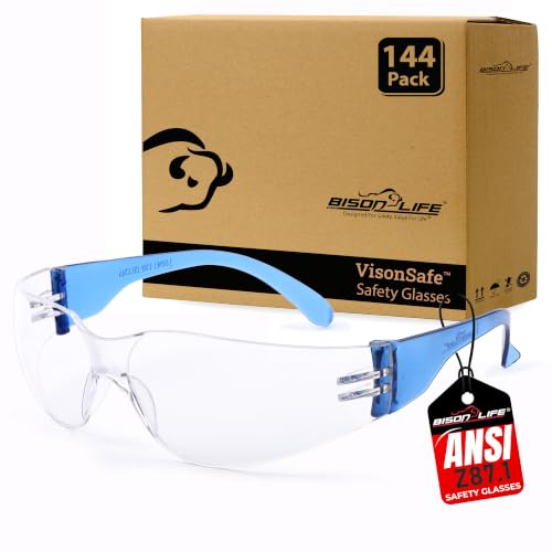 Image of BISON LIFE Clear /Blue Safety Glasses for Men & Women, ANSI Z87.1, 144 Pack