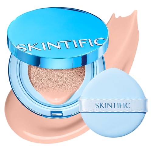 Image of SKINTIFIC Velvet Matte Cushion Foundation Blue #01C Rose Ivory | Full coverage matte finish, one-swipe flawless, oil control, long-lasting pore-blurring pressed powder for oily skin.