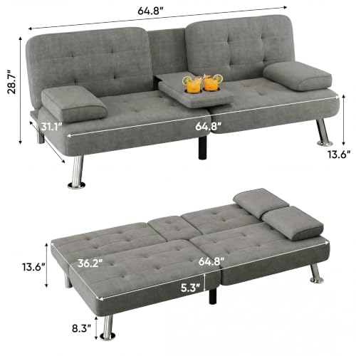 Image of Flamaker Futon Sofa Bed, Modern Linen Convertible Folding Futon Set