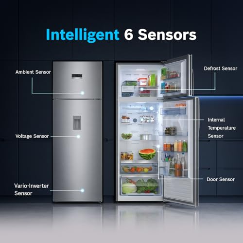 Image of Bosch 368L, 1 Star, Frost Free Double Door Refrigerator with 2.5 L Water Dispenser | 6-in-1 Convertible Storage Modes | Fresh up to 10 Days | Touch Panel | 2 Cooling System (CTC39S21AI, Steel, 2026)
