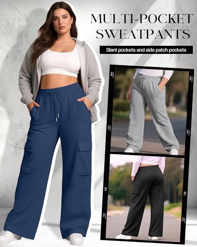 Neer 3 Pack Women's Plus Size Cargo Sweatpants Wide Leg Drawstring Bottom Pants Baggy Loose Casual Athletic Trousers4
