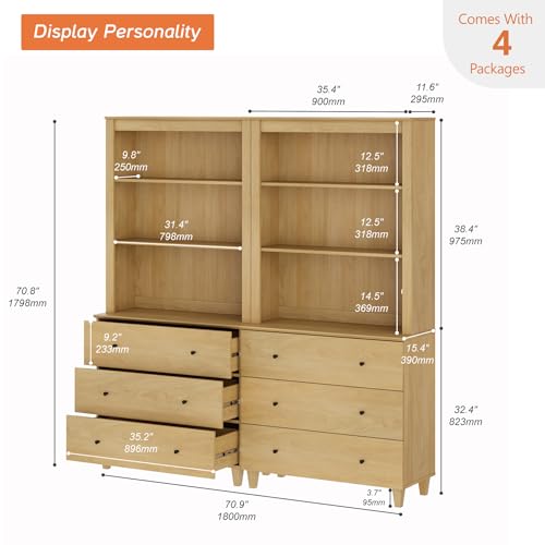 Image of WAMPAT 71 inch Tall Bookcase with 6 Drawers & Open Shelves, 2 Column Modern 3-Tier Bookshelf with Adjustable Shelf, 71 inch Wide Wooden Display Book Shelf for Home Office, Living Room, Bedroom, Oak