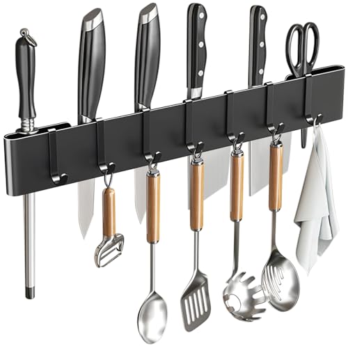 Percha para utensilios de cocina: soporte de pared para colgar, 7 ganchos, sin taladrar para cocina, despensa, baño, sala de estar, 15.75 pulgadas (negro)