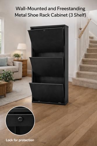 Image of Shoe Rack, Wall Mounted and Freestanding Metal, Multiple Shelf Options, White and Black (Black, 3)