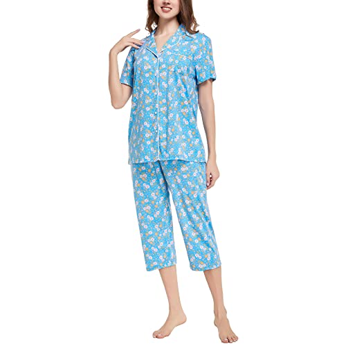 Image of Tugege Capri Pajamas Set Womens Button Down Short Sleeve Lounge Sets Sleepwear Notch Collar Top & Capri 2 Piece PJ Sets