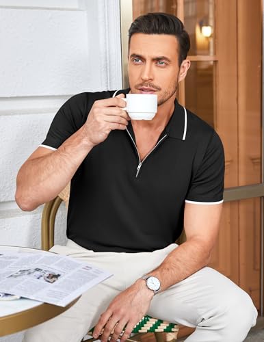 COOFANDY Men's Zipper Polo Shirt Casual Knit Short Sleeve Polo T Shirt Classic Fit Shirts4