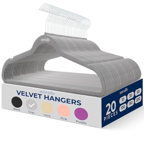 SereneLife Velvet Hangers – 20 Pack, Slim & Space Saving for Closets | Soft velvet grip prevents slipping on silk, satin & knitwear – 360° swivel hook fits all standard closet rods