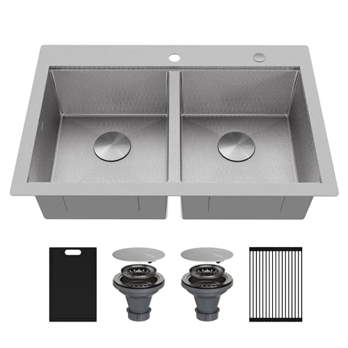 Image of Karran Matrix 33 inch Top Mount Workstation Kitchen Sink, Double Bowl, 16 Gauge Stainless Steel, Includes Cutting Board, Drying Mat & Basket Strainers