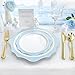 realluck 100 PCS White and Blue Disposable Plates for 50 Guests, Scalloped Plastic Plates Include 50 Dinner Plates and 50 Dessert Plates for Party, Wedding and Graduation