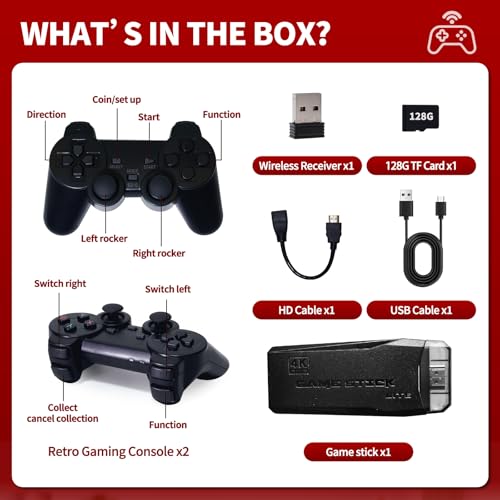 Wireless Retro Game Console, Video Game Console with Built-in 9 Emulators, 40,000+ Games, 4k Hdmi Output, and 2.4GHz Wireless Controller, Nostalgia Gaming Stick，Plug & Play TV Video Games(128G) - Thumbnail 4