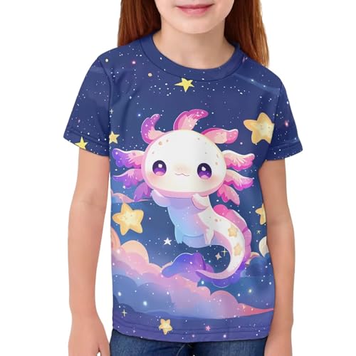 JEOCODY Cute Galaxy Axolotl Girls Boys T-Shirts Size 5 6 Short Sleeve Graphic Tees Funny 3D Youth T Shirt Top Hiking Sport Crewneck Tees Top