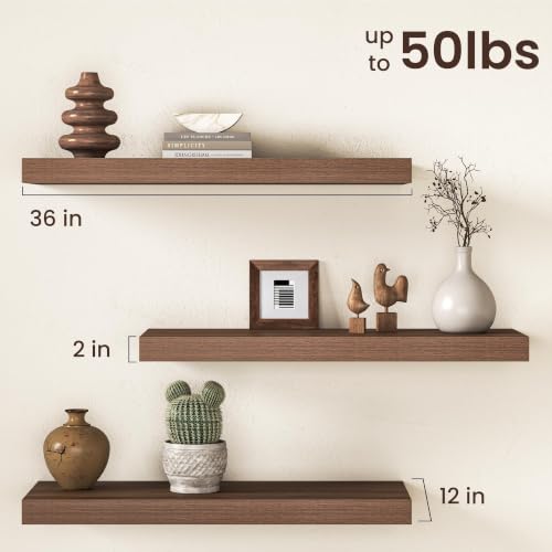Image of 36Inch Walnut Floating Shelves for Wall, 12 Inch Deep Shelves for Bedroom, Kitchen, Bathroom Wall Mounted, Rustic Wood Floating Shelf with Invisible Brackets for Books, Storage, Decor, 2 Packs