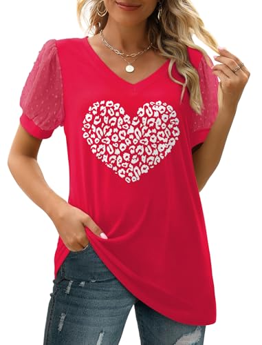 Image of Aokosor Womens Summer Tops V Neck T Shirts Swiss Dot Puff Sleeve Tops Loose Casual Tshirts