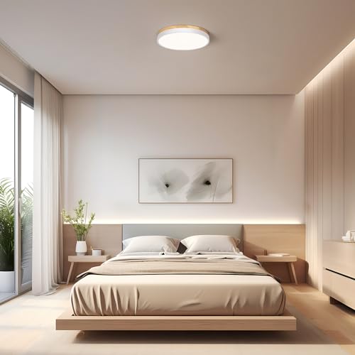 Zuyurt ZY230901001 Wood Led Ceiling Light, Modern White Flush Mount Ceiling Light, Minimalist Close To Ceiling Light Fixture For Bedroom thumb #1