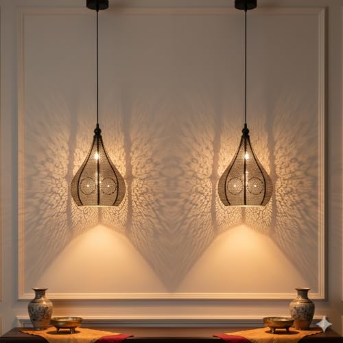 Image of Moroccan Pendant Light Set, Black Metal Geometric Pattern, 2 Teardrop Hanging Lamps with Adjustable 76 cm Wire, Bulbs Included