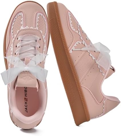 JACKSHIBO Women's Ribbon Lace-Up Fashion Sneakers Arch Support Gum Sole Tennis Walking Shoes with Memory Foam