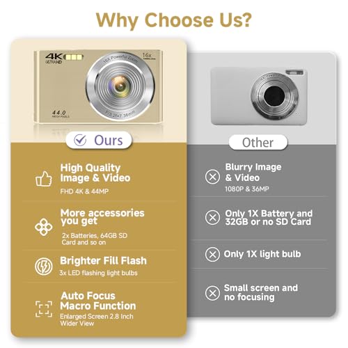 Image of Digital Camera, 2026 FHD 4K Autofocus Digital Camera with 64GB SD Card 16X Digital Zoom, Gold Cameras for Photography Portable Compact Point and Shoot Camera for Teens Adult Kids Gift