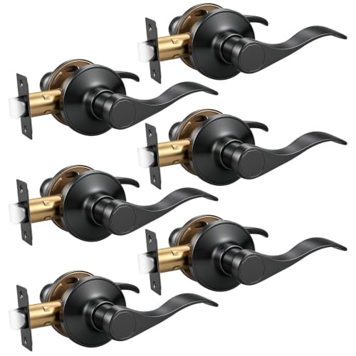 Knobonly 6 Pack Passage Door Handles Interior, Hallway Closet Door Leverset Matte Black Finish Stainless Steel, Keyless Door Handle Sets