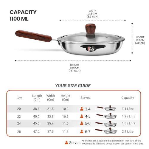 Image of MILTON Pro cook Induction Cookware & Gas Stove Friendly Triply Stainless Steel Fry Pan 20 cm with Glass Lid & Wooden Handle | Heavy Bottom Frying Pan | Healthy Low-Oil Cooking | 3Y Warranty | Silver