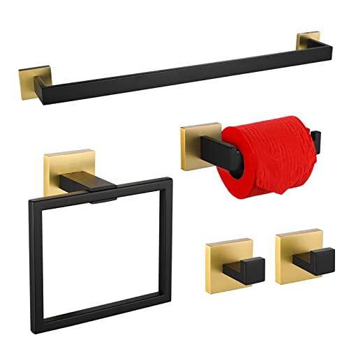 Juego de accesorios de baño dorado y negro, toalleros dorados y negros mate, juego de 5 accesorios de baño completo cuadrado para toallero, anillo para baño, moderno kit de toallero de 24 pulgadas,