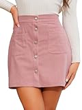 BOUFOR Women's Corduroy Mini Skirt, High Waist Button Down Wrap Skirts Fall Winter A-Line Bodycon Short Skirt with Pockets Pink