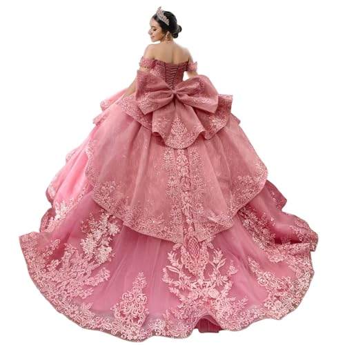 Mouccy Princess Layered Dusty Pink Quinceanera Dresses Beaded 15 Dress
