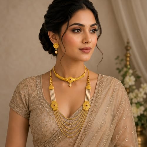 Image of ACCESSHER Women's Traditional Gold-Toned Temple Style Necklace Set with Pearl & Multi Colored Stone Earrings| Jewelry Set for Weddings, Festivals, and Special Occasions
