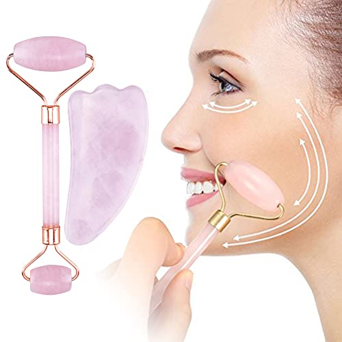 KeyZone Rose Jade Roller Natural Stone Facial Massage Gua Sha Set for Face Eye Neck Skin Care