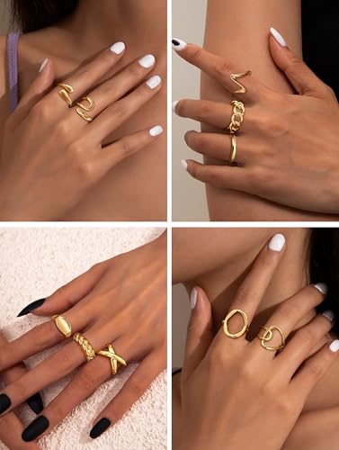 THUNARAZ 12 PCS Stackable Gold Rings for Women Adjustable Open Chunky Rings,14K Gold Plated Twisted Round Signet Rings for Gift3