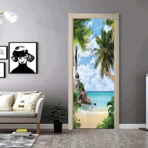 FLFK 3D Palm Tree Peel and Stick Door Stickers Self Adhesive Door Wall Murals Wallpaper for Home Bedroom Office 30.3" x78.7" Cover
