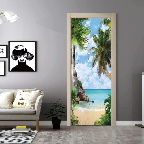 FLFK 3D Palmera PVC Adhesivo Fotográfico Vinilos Puerta Pegatina Pared Murales para Cocina Sala de Baño Decorativos 77X200cm