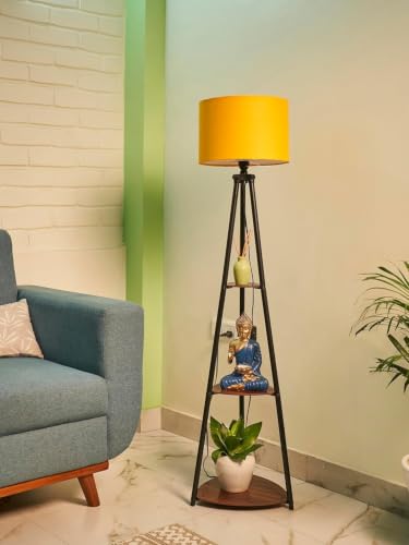 Tripod Floor Lamp with 3-Tier Display Shelves, Yellow