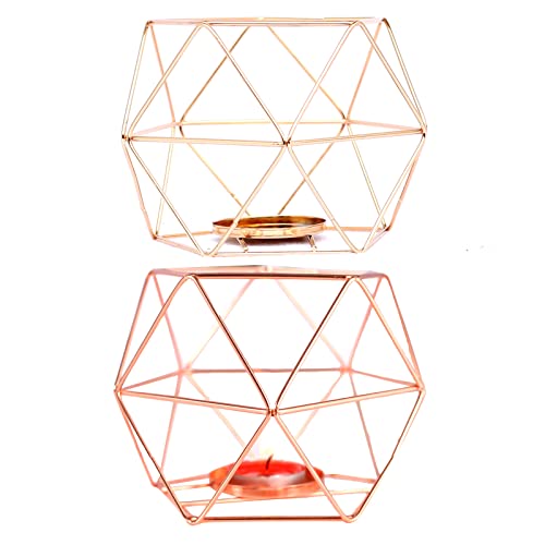 Fiyuer géométrique bougeoirs, 2Pcs Bougeoir Fer forgé Bougeoir en Métal dorée Chandelier Or Rose Creux Mariage Table Fête d'anniversaire Centres Salon Cover