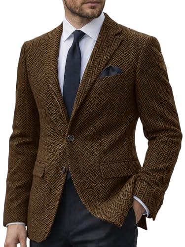 DRCUIVS Men's Herringbone Tweed Blazer Wool Blend Tailored Fit Single Breasted Two Button Suit Jacket Business, Brown, M