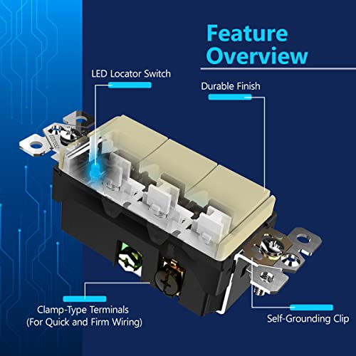 Image of LIDER Lighted Triple Switch with Screwless Wall Plate, Combination Frameless Decorator Switch with Locator Light, Ground Terminal, Single Pole, 15A 120V, UL Listed, Thermoplastic, Matte Ivory