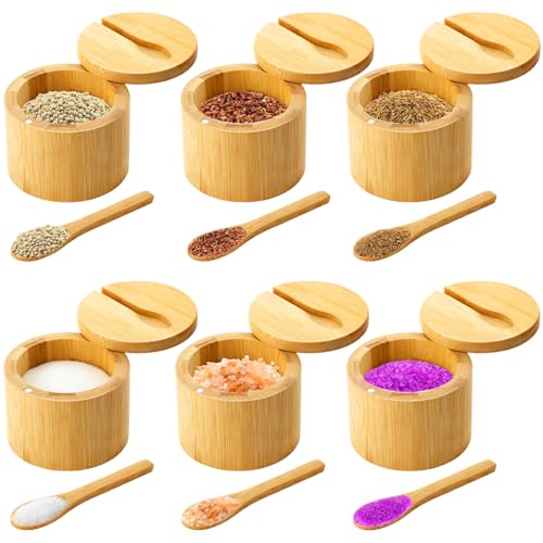 Honeydak 6 PCS 6oz Bamboo Salt Cellar Salt Container with Magnetic Swivel Lid & Spoon Bamboo Storage Box Bowl Elegant Kitchen Holder Saver Jar to Storage Pepper Spice Sea Sugar for Countertop by Honeydak - Used condition - US$23.70