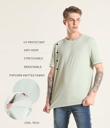 Image of TURMS Men's Ice Cool Tech Round Neck T-Shirt, Odor Control, Stretchable & Breathable, Cotton Rich Fabric, Half Sleeve