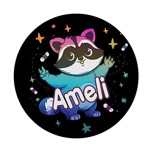 AMELI - Adorable girl name with a cool Raccoon PopSockets Swappable PopGrip, Black - Image 3