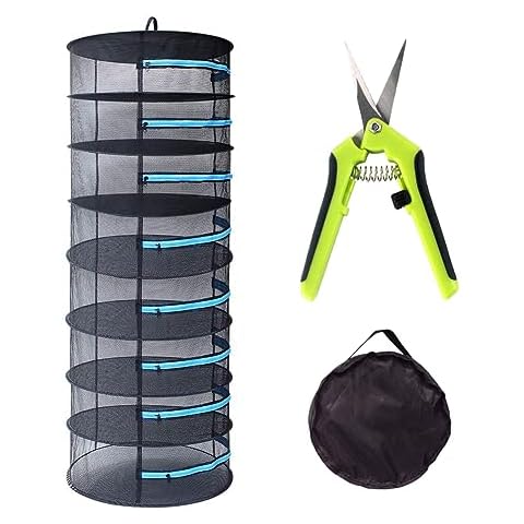 CASOLLY 2ft 8 Layer Herb Drying Rack Hanging Dryer Dry Net, Plant Dry Mesh Rack Hanging with Blue Zipper & Pruning Shear for Garden Hydroponics,Bud Seed, Vegetable Meat Fish Cover
