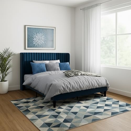 Image of Metal Upholstered Bed Queen Size Without Storage | Wooden Queen Size Cot with Headboard | Double Size Bed for Bedroom | Palang Furniture for Guest Room & Hotels, Blue, (Blue)