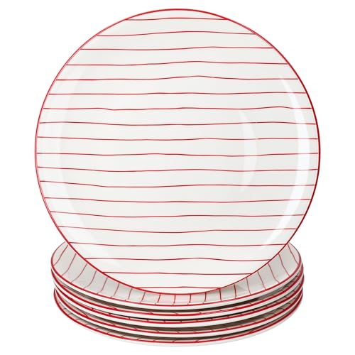 MamboCat Lot de 6 assiettes plates rayées rouges - Diamètre : 25,2 cm - En faïence - Grandes assiettes blanches avec lignes rouges - Assiettes plates pour...