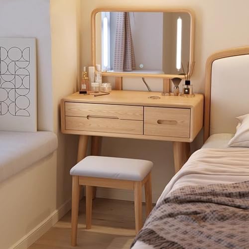 Escritorio de madera para maquillaje con espejo LED ajustable, 3 cajones y taburete para dormitorio o apartamento en espacios pequeños