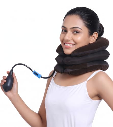 Image of Dimore Inflatable Brace Pillow Cervical Traction Device Adjustable Stretcher,Ideal for Spine Alignment and Chronic Pain Relief. (Brown)
